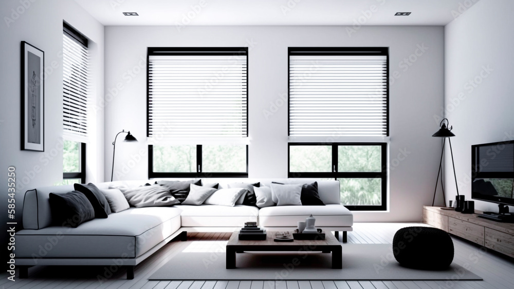 Fototapeta premium Modern Room with White Sofa and Black Window Blinds. Minimalist Interior, Elegant House.