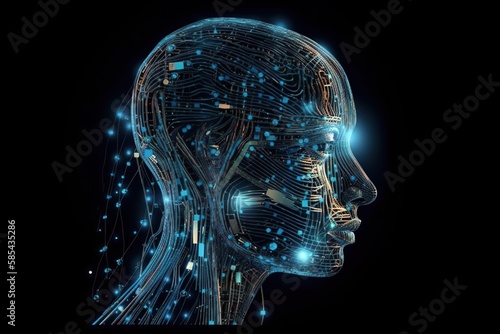 Technology background Data flow concept. Big data technology and data science illustration, flowing, Waves, dynamic, IT, 3D Wired Shape Cyborg Head, Network forming AI robot face, Generative AI