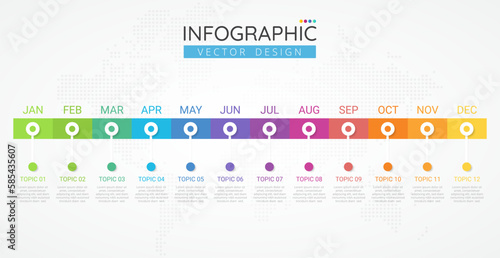 Business infographic design template. 12 Months Timeline diagram calendar with modern icons, presentations, workflow layout, process diagram, flow chart, info graph. Vector Infographics.