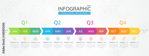 Infographic template for business. 12 Months Timeline diagram calendar with modern icons, presentations, workflow layout, process diagram, flow chart. Vector Infographics for business concept.
