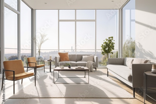 Bright and airy living room with floor-to-ceiling windows and minimal furniture