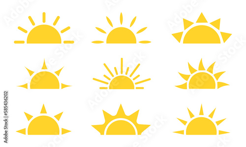 Set of half sun vector icons. Yellow sunrise or sunset. Solar beams. Vector 10 Eps.