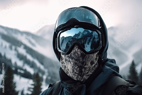 Cold Winter Reflection: A Snowboarder's Ski Mask Glimpse of Majestic Mountain Landscape. Generative AI