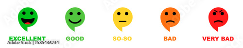 Set of rating scale vector icons. Feedback excellent, good, so-so and bad. Green, yellow, orange and red rating face. Vector 10 Eps.