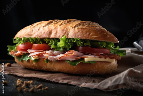  From above appetizing sandwich with ham and fresh lettuce served on baking paper Generative AI