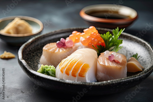 Sashimi sushi set with scallop on shell with daikon and lemon on plate Generative AI