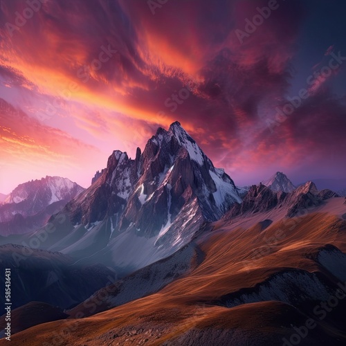 Vibrant Colours of Nature: A Snow-Crested Mountain Landscape Screensaver Wallpaper, Generative AI