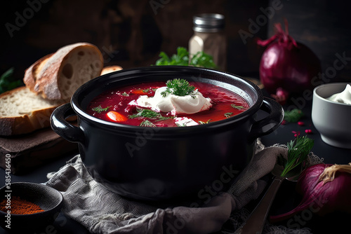Borscht with sour cream and black bread on wooden board on dark stone table Generative AI