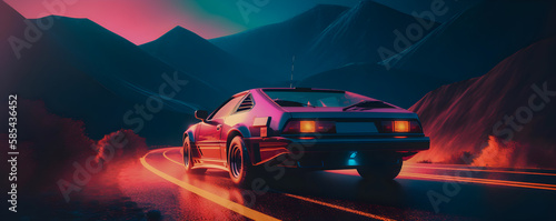 Sleek retrowave car with neon lights illuminating on the city streets, Generative AI