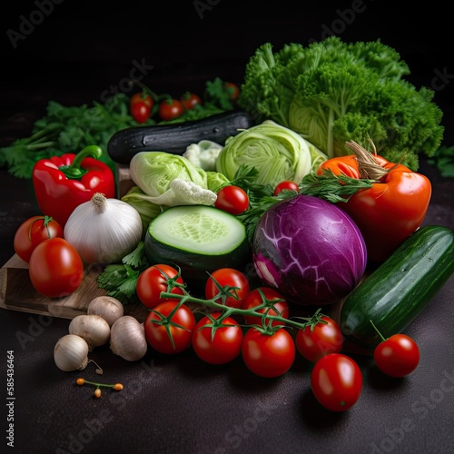Variety of Healthy Vegetables - Tomatoes  Onions  Cucumbers  Lettuce  and More  For a Nutrient-Packed Diet and a Vegetarian-Friendly Kitchen  Generative AI
