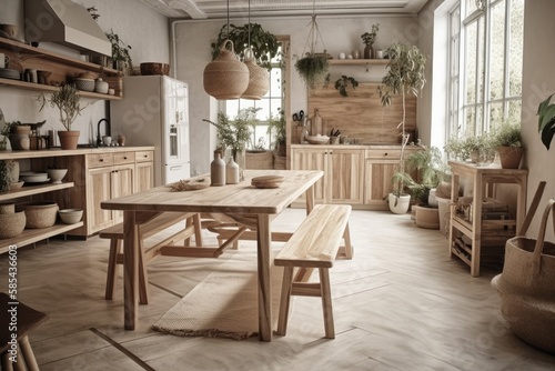 White beige wooden rustic kitchen. Carpet, dining table, appliances. Scandinavian bohemian decor,. Generative AI © AkuAku