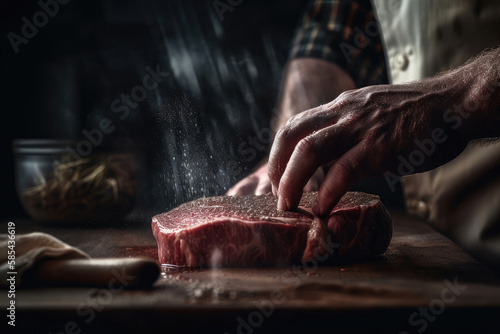 hef hands cooking meat steak and adding seasoning in a freeze motion Generative AI photo