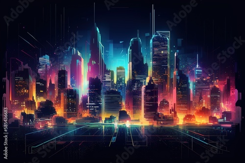 Vector illustration urban architecture, cityscape with space and neon light effect. Modern hi - tech, science, futuristic technology concept., Generative AI
