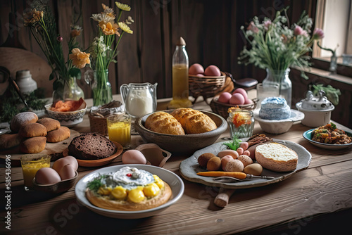 easter traditional polish dishes on rural wooden table Generative AI