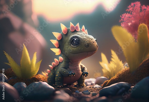Cute baby dinosaur in a fantasy landscape, Generative AI © Zoe
