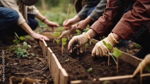 People hands planting trees or working in community garden promoting local food production and habitat restoration  concept of Sustainability and Community Engagement. Generative AI.