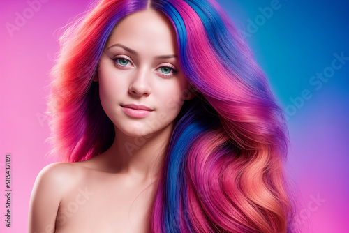 Portrait of a beautiful woman with bare shoulders and hair dyed with multi-colored strands. Generative AI