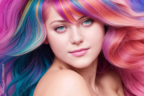Portrait of a beautiful woman with bare shoulders and hair dyed with multi-colored strands. Generative AI