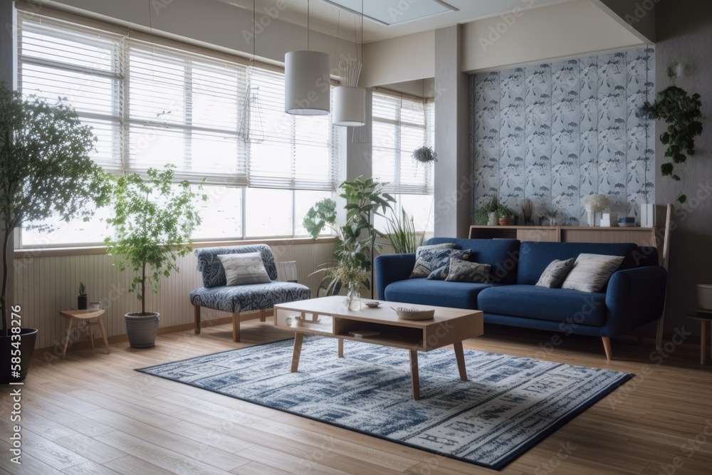 Contemporary white and blue wooden living room. Fabric couch, parquet floor, window, and decors. Japanese interiors. Generative AI