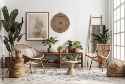 Scandi Boho living room wall mockup,. Generative AI