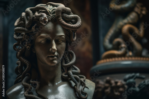 A fictional person, Gorgon's Enigmatic Gaze: A Haunting Image of the Mythological Medusa, Generative AI