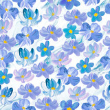 Seamless pattern of abstract blue flowers, art painting, creative hand painted background, brush texture, acrylic painting on canvas.