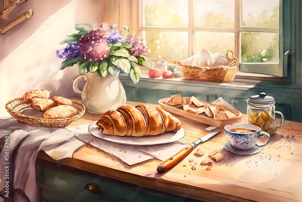 Croissant on the plate on the table near window in the kitchen, watercolor illustration, Generative AI