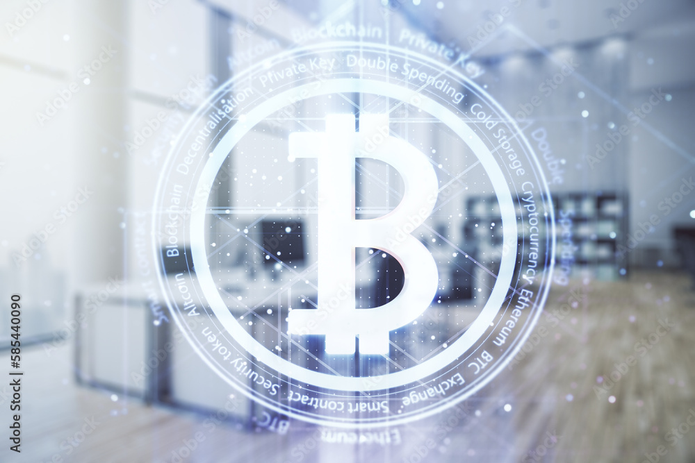 Naklejka premium Virtual Bitcoin hologram on a modern furnished office background. Multiexposure