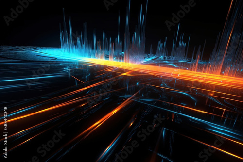 Blue and orange light streaks on black background, creating a dynamic and energetic effect. Made with Generative AI.