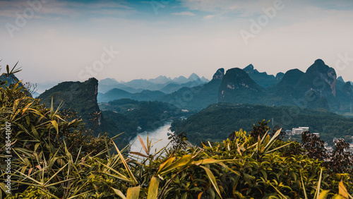 Amazing panorama of limestone peaks and Li River, Yangshuo, China photo