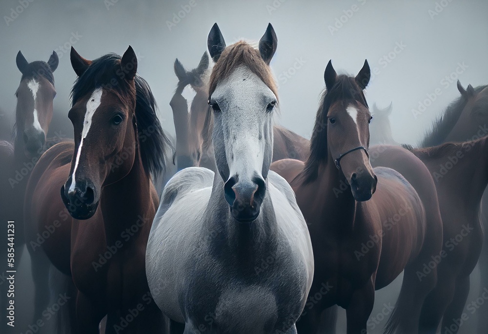 herd of horses in fog. Generative AI