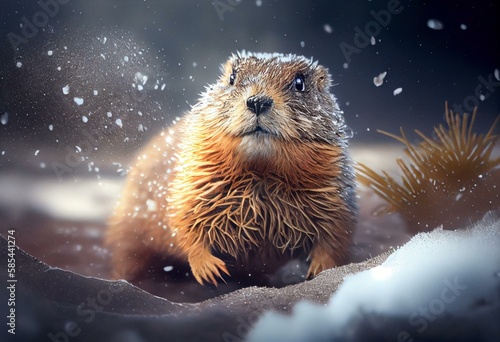 Happy Groundhog Day. Groundhog Emerging from a Snow . Generative AI