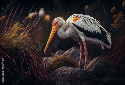 Yellow-billed stork foraging in natural habitat. Generative AI