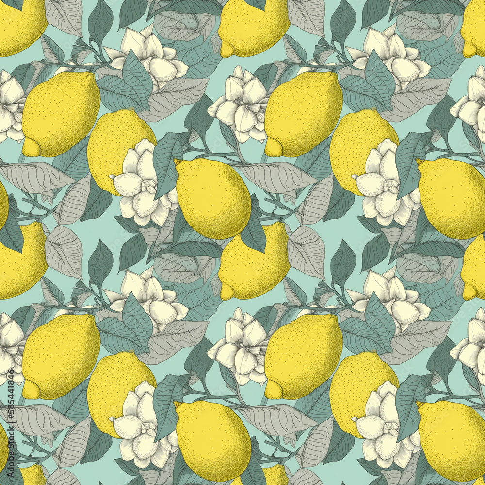 Seamless pattern of Retro lemons with leaves. lemons background. Perfect for wallpaper, textiles, and web backgrounds, package design. Good quality for repeating design. Generative AI. Seamless pattern of Retro lemons with leaves. lemons background. Perfect for wallpaper, textiles, and web backgrounds, package design. Good quality for repeating design. Generative AI.