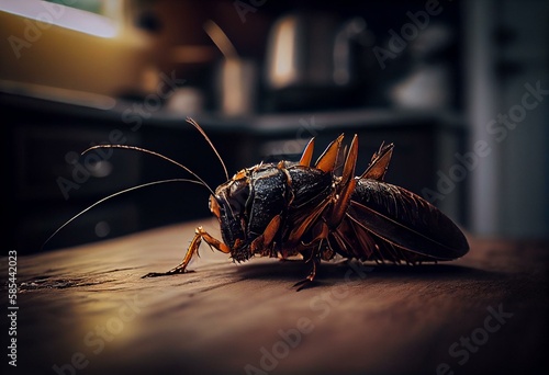 Dead cockroach on a kitchen bench after pest control. Pest extermination. Generative AI