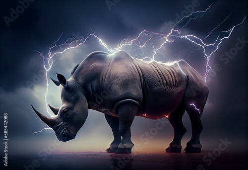 electric thunder rhino standing with clouds and thunder and lightning digital art. Generative AI