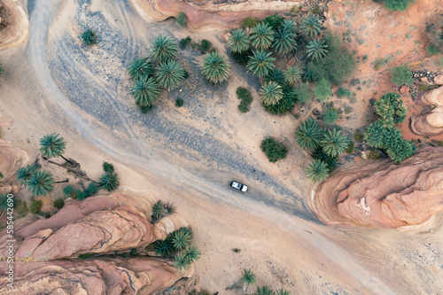 aerial view of an 4x4 Campers on a off road trail in the Wadi Disah in Saudi Arabia