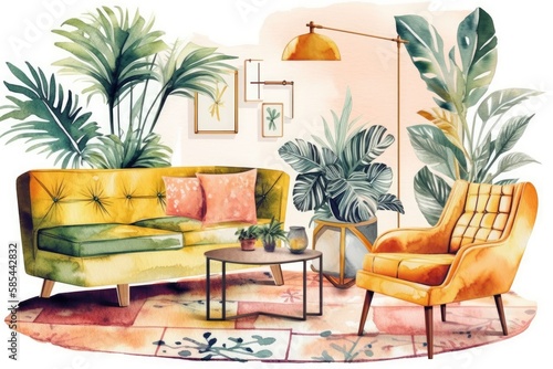 Bohemian interior with mid century contemporary furnishings. Tropical houseplant  rug  armchair. Watercolor. Print. Yellow pink. Generative AI