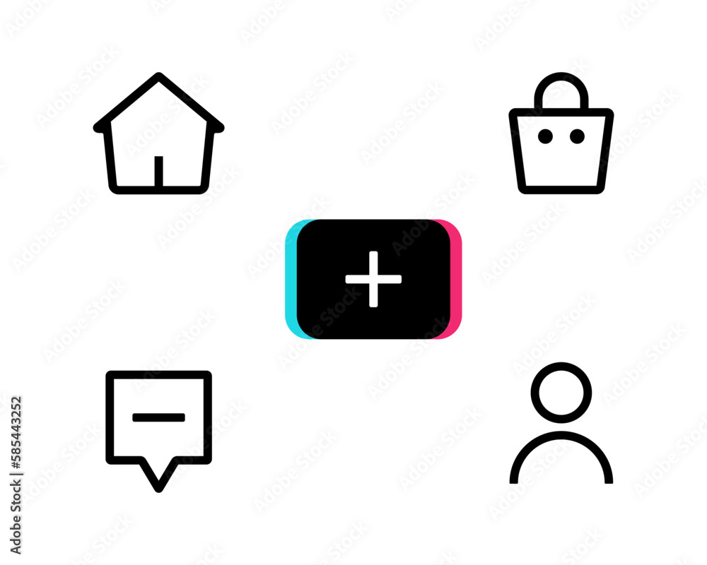 Home, shop, create, inbox, and profile icon vector. Social media Tiktok concept Home, shop, create, inbox, and profile icon vector. Social media Tiktok concept