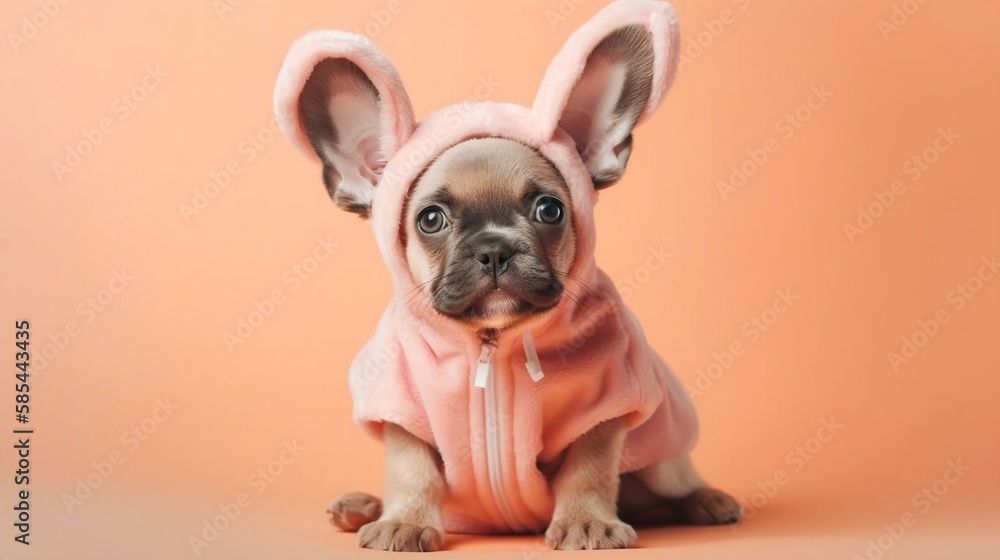 cute puppy in easter bunny costume in pastel colors, generative ai