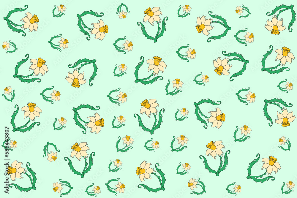 Floral wallpaper and bed linen print. Seamless pattern with spring narcissus. Beautiful summer flowers background with flowing texture. Creative botany banner. Floral wallpaper and bed linen print. Seamless pattern with spring narcissus. Beautiful summer flowers background with flowing texture. Creative botany banner.
