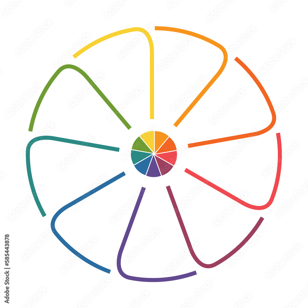 Circle template from colourful lines with text areas on nine positions Circle template from colourful lines with text areas on nine positions