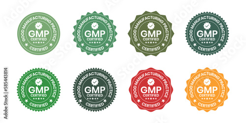 GMP Certified or Good Manufacturing Practice Certified Set Badge, Stamp, Icon, Seal, Label, Tag, Emblem For CBD Label Oil and Packaging Design Vector Illustration