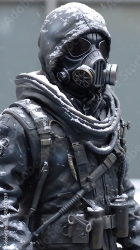 dystopian vision showing a man in uniform with gasmask, generative ai