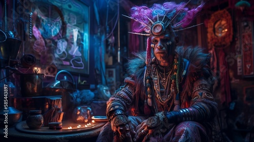 (fictional person) futuristic voodoo cyberpunk shaman medicine man in his shop, generative ai
