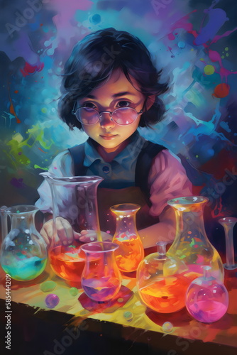 colorful painting of girl doing science experiments, made with generative ai