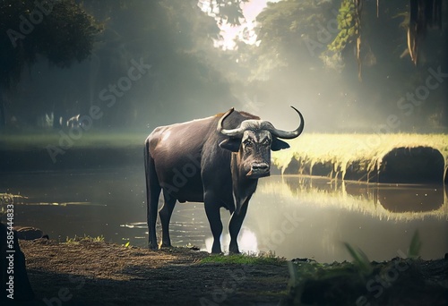 Big wild water buffalo in Kaziranga. Family of buffalos in the wild planes. Beautiful indian wildlife. Giants in India. Generative AI