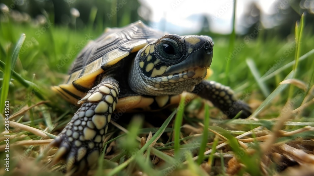 Baby turtle closeup in the grass - created by generative AI Baby turtle closeup in the grass - created by generative AI