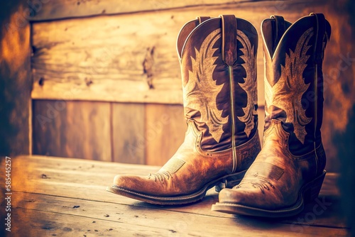 Brown leather cowboy boots stand on wooden floor of ranch barn, created with generative ai