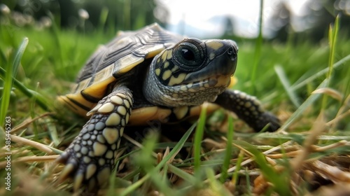 Baby turtle closeup in the grass - created by generative AI